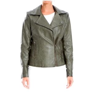 Max Studio Classic Moto Jacket Olive Green Lined Faux Leather Soft/ Washed